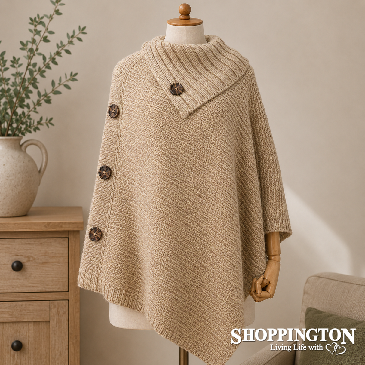 Poncho - Large Wooden Side Buttons - Beige
