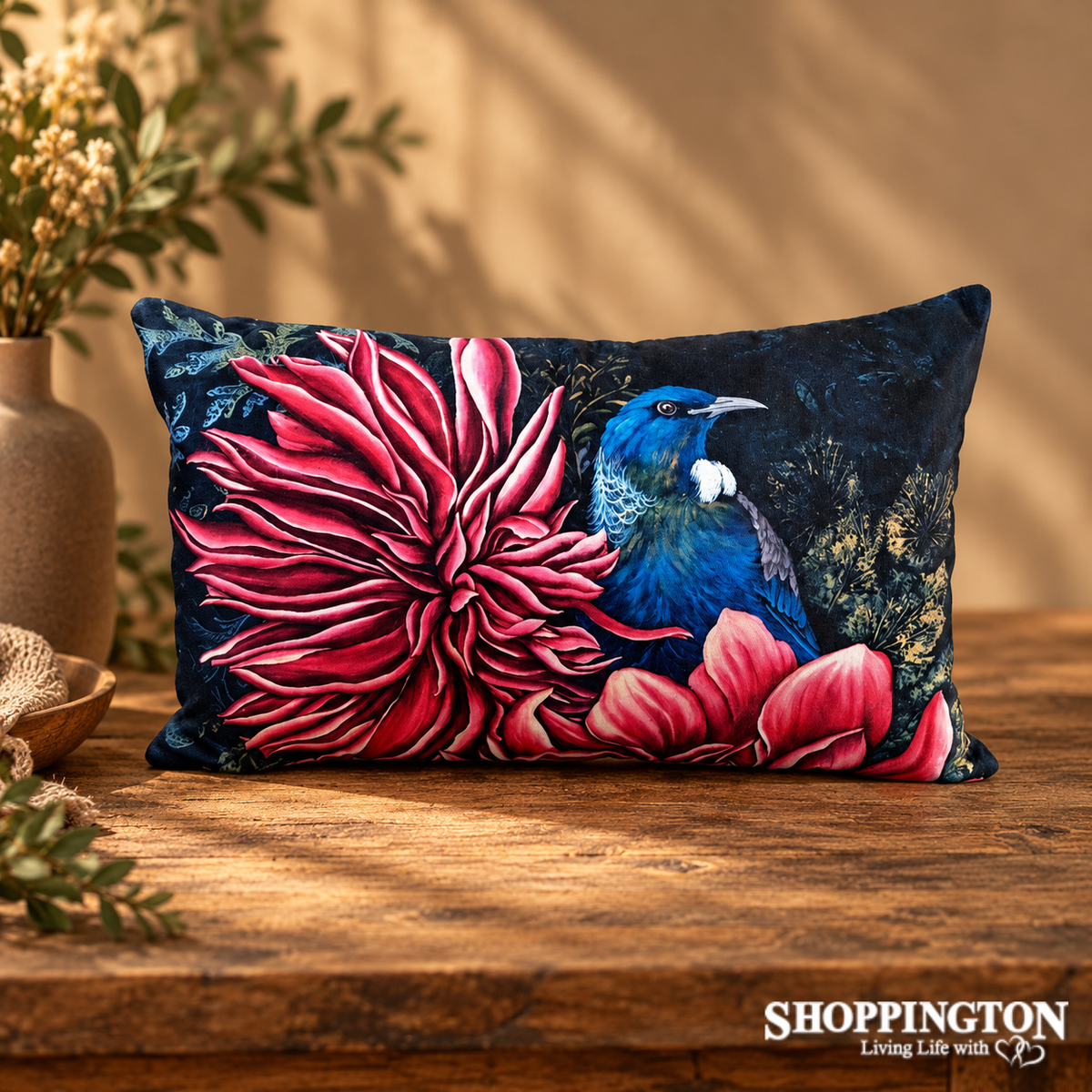 Cushion Rectangle - NZ Print - Tui in the Dahlias - Anita Madhav