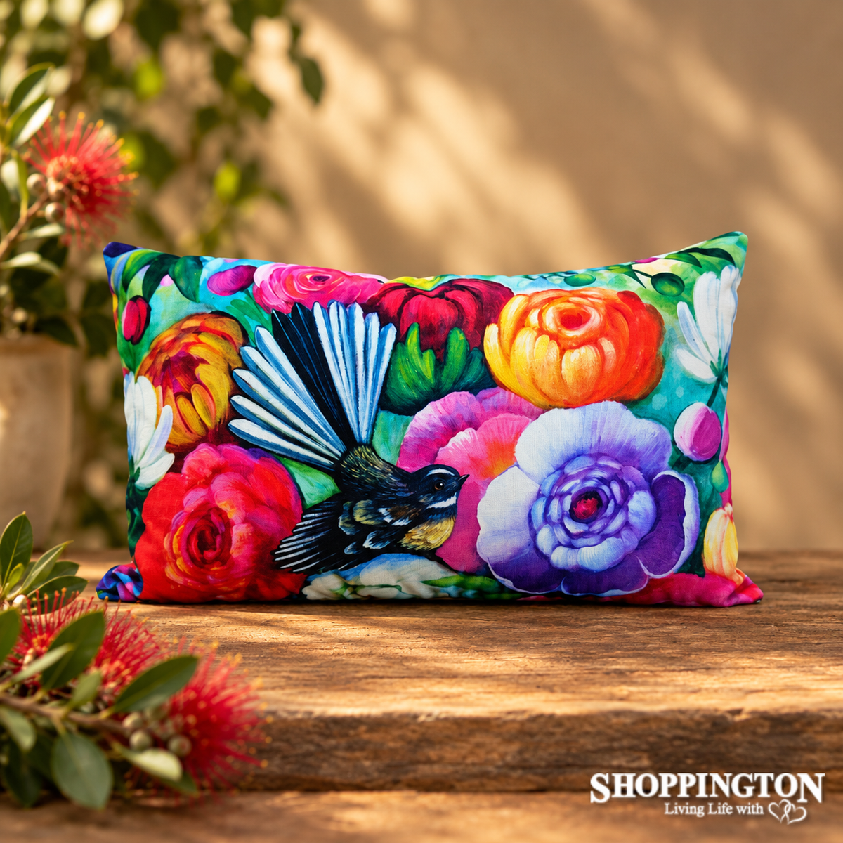 Cushion Rectangle - NZ Print - Peony Fantail - Irina Velman