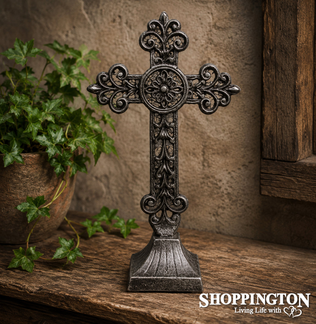 Cast Iron Cross on Stand - Silver Fleur