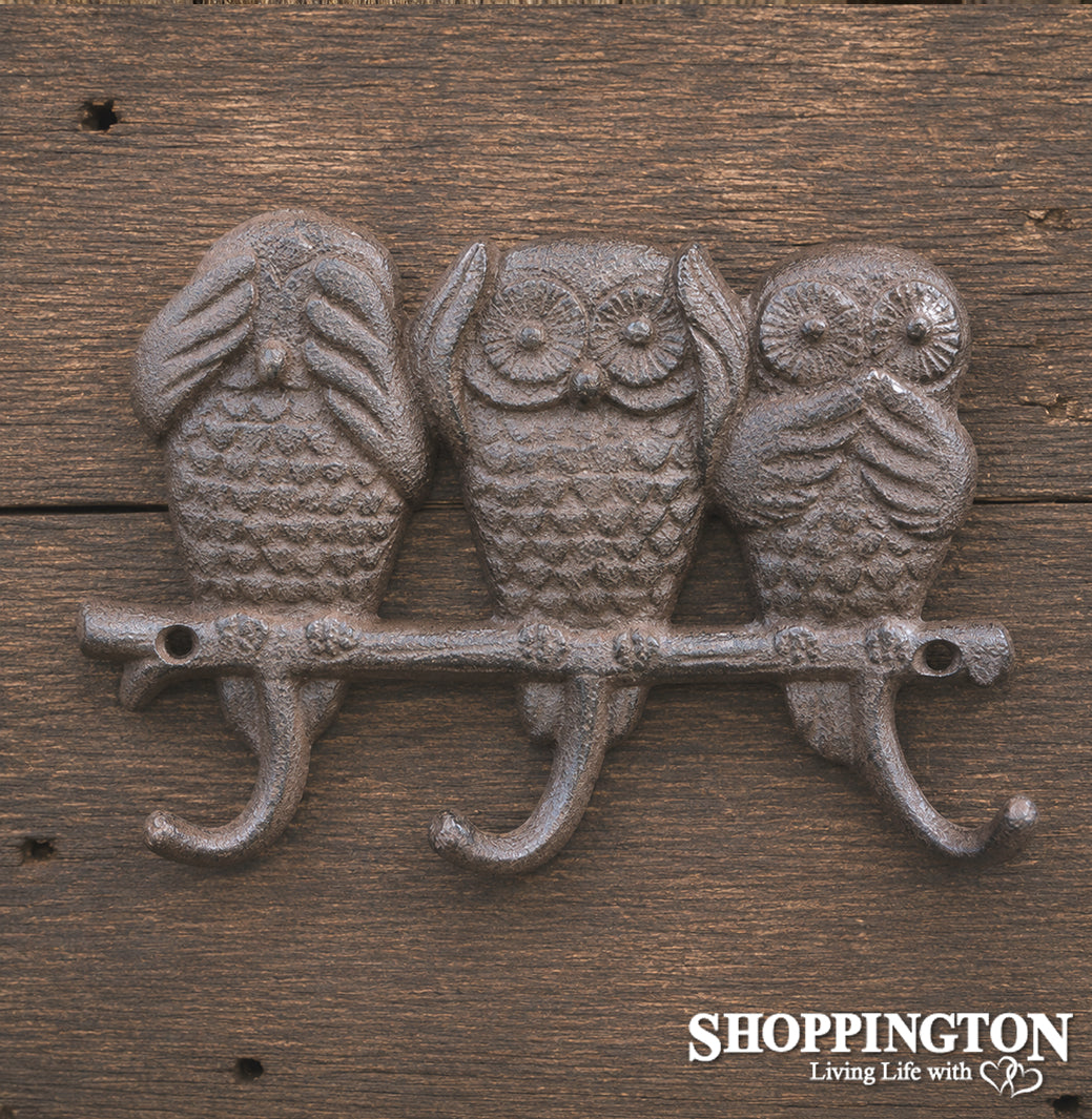 Cast Iron Owl Hear, See, Speak No Evil Hooks