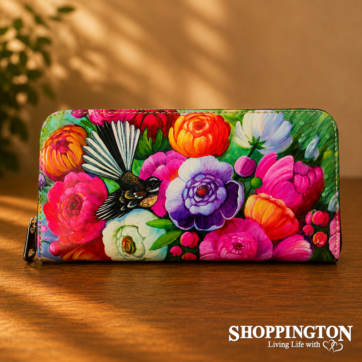 Leather NZ Print Wallet - Fantail & Peony Rose - Irina Velman”