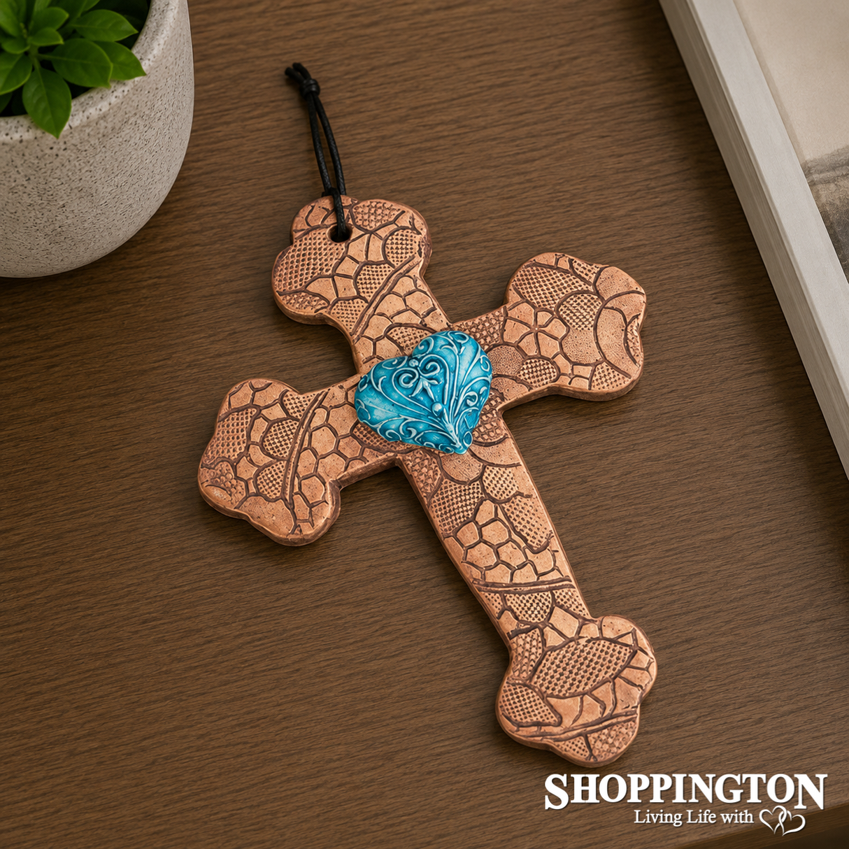 100% NZ Made Pottery / Turquoise Filigree Heart Budded Cross