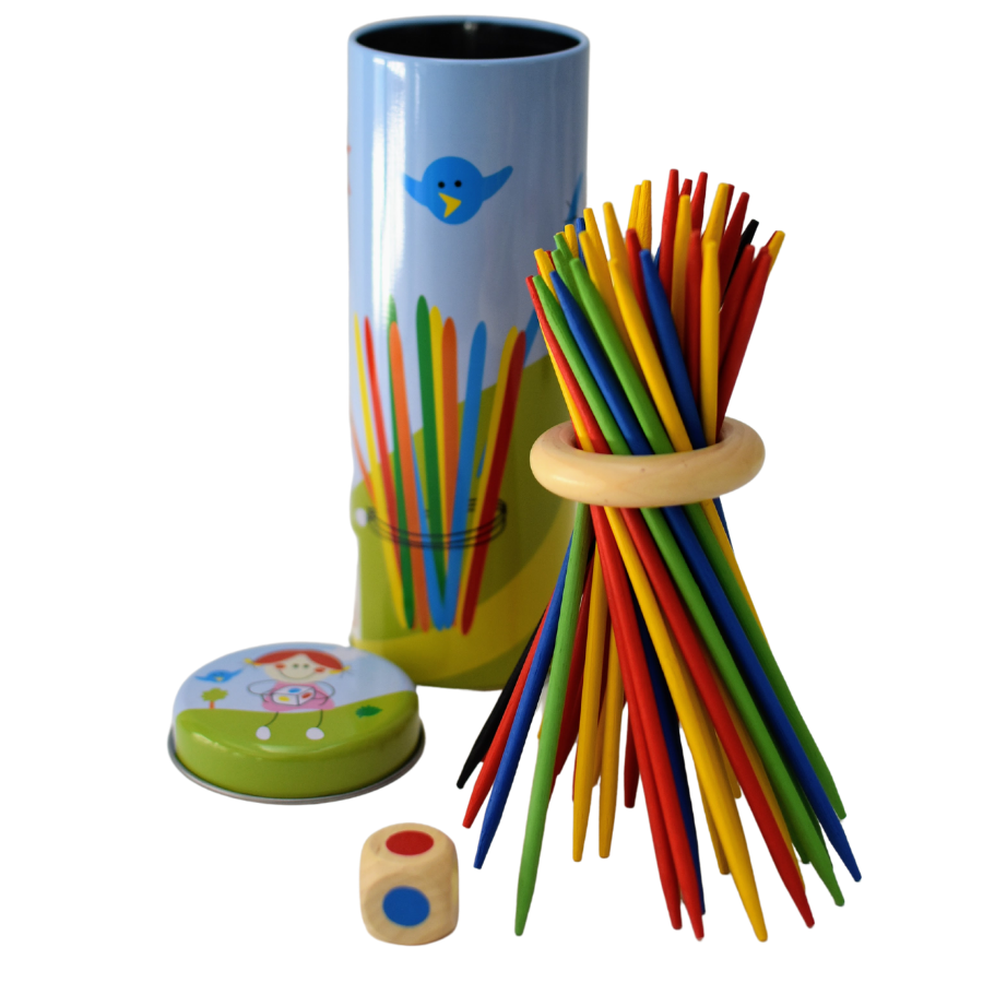Wooden Pick Up Sticks in Tin
