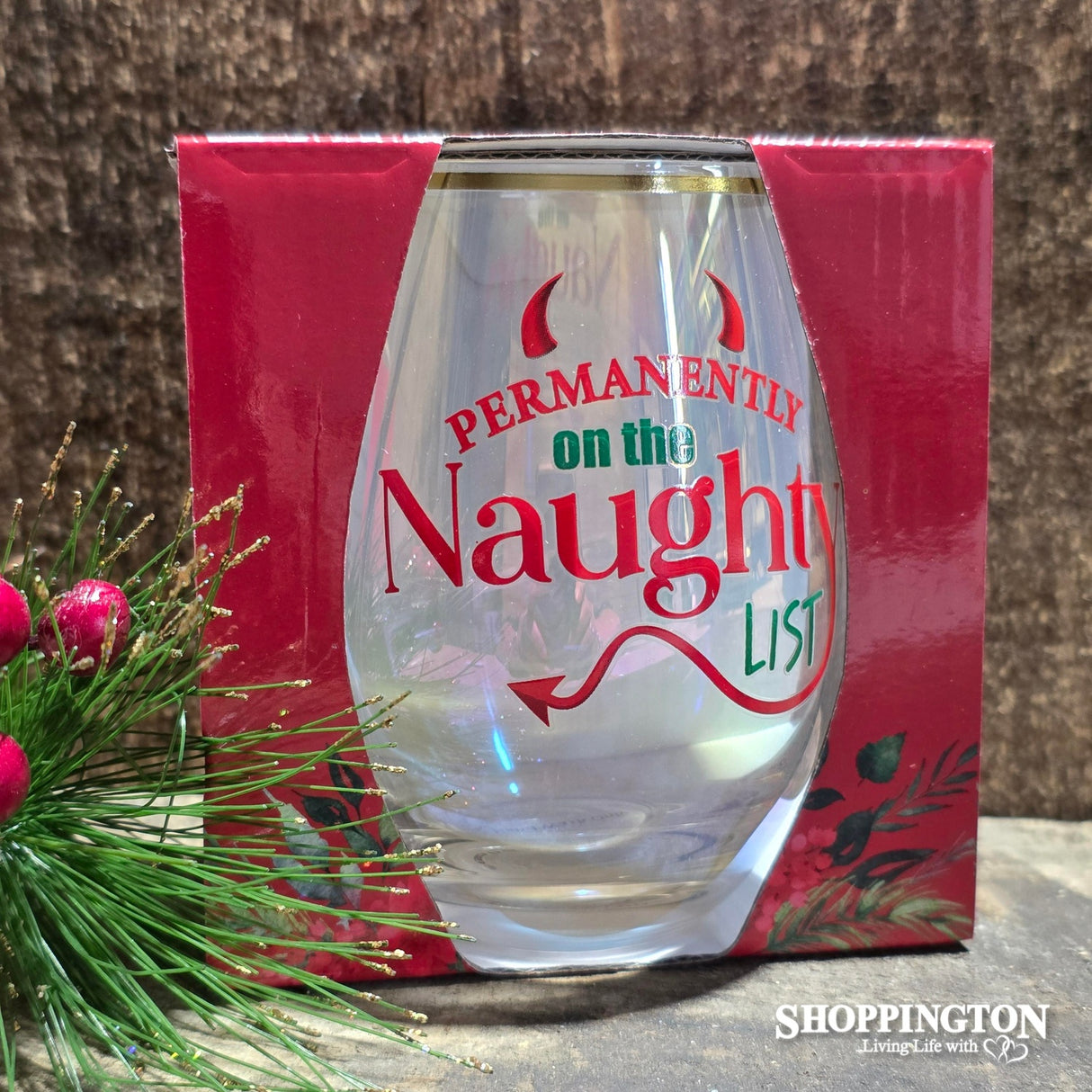 Permanently on the Naughty List Stemless Wine Glass