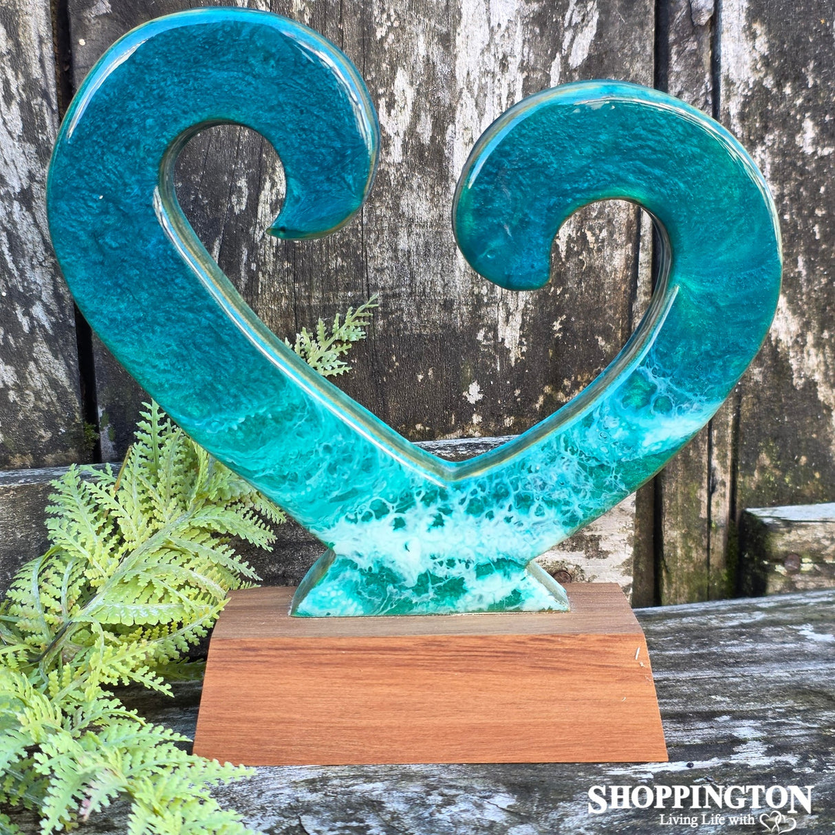 Koru Heart Sculpture on Wood Base