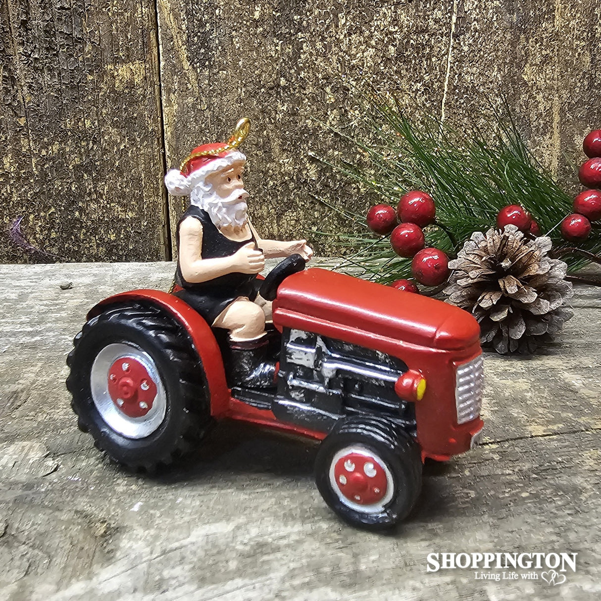 Black Singlet Santa on a Tractor